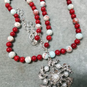 Red Coral with Blue Opal Necklace with Removable Pendant