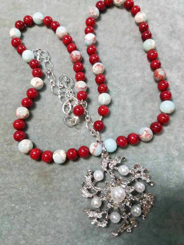 Red Coral with Blue Opal Necklace with Removable Pendant