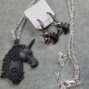 Dark Unicorn Head Necklace with Earrings